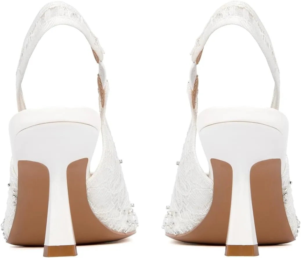 Slingback Wedding Heels for Women Bridal Lace Mesh Kitten Heel Closed Pointed Toe Pearl Pumps Shoes