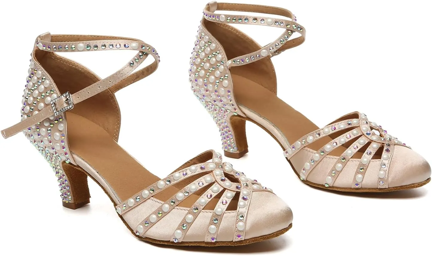 SWDZM Women's Closed Toe Dance Heels Comfortable Ballroom Dancing Pumps Professional Shiny Latin Dance Shoes