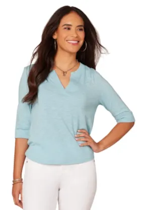 The Rochelle Elbow Rolled Sleeve Split Neck Knit Top