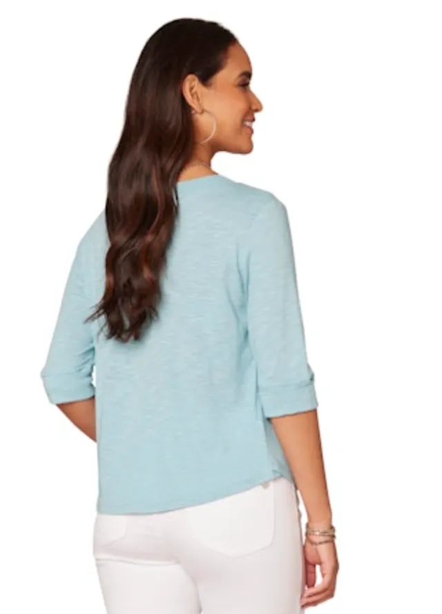 The Rochelle Elbow Rolled Sleeve Split Neck Knit Top