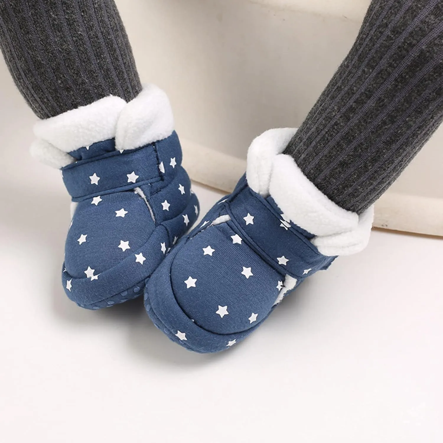 Toddler Baby Shoes Fleece Warm Wool Boots Fashion High Top Star Printing Non Slip Hook Loop Nude Boots