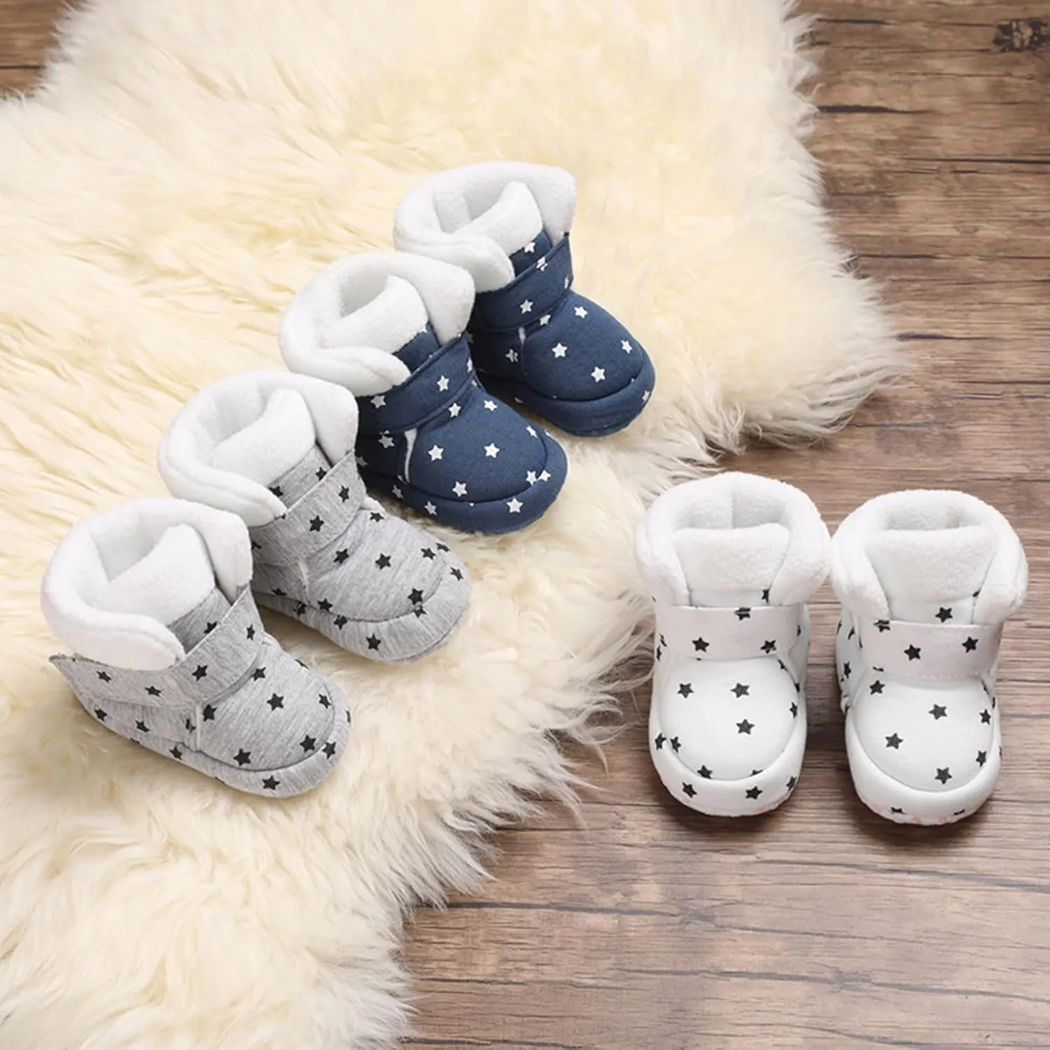 Toddler Baby Shoes Fleece Warm Wool Boots Fashion High Top Star Printing Non Slip Hook Loop Nude Boots