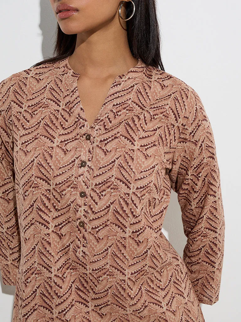 Utsa Light Brown Leaf Printed Straight Cotton Kurta