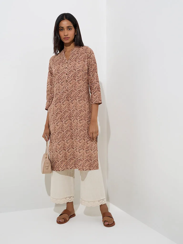 Utsa Light Brown Leaf Printed Straight Cotton Kurta