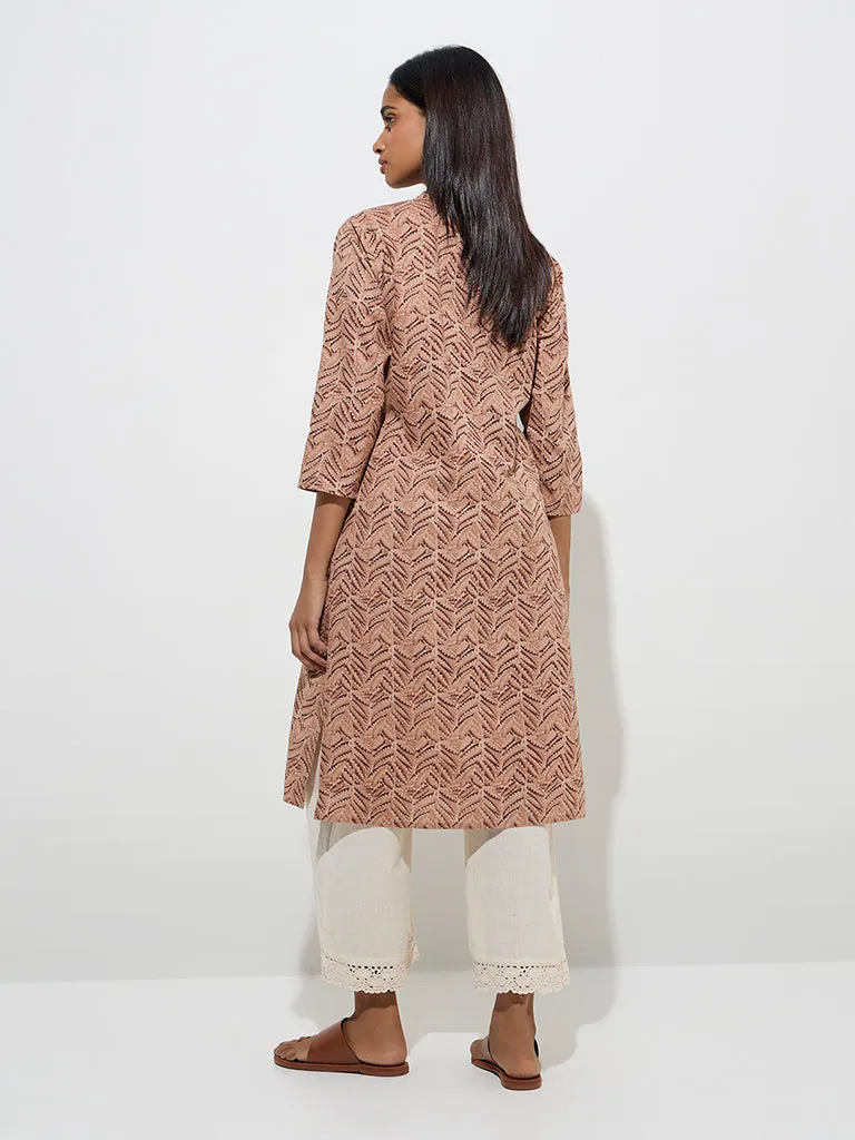 Utsa Light Brown Leaf Printed Straight Cotton Kurta