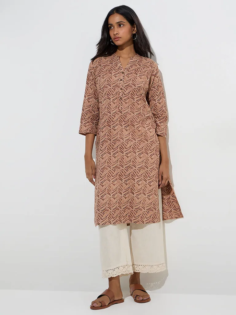 Utsa Light Brown Leaf Printed Straight Cotton Kurta