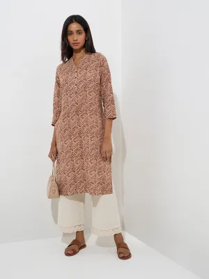 Utsa Light Brown Leaf Printed Straight Cotton Kurta