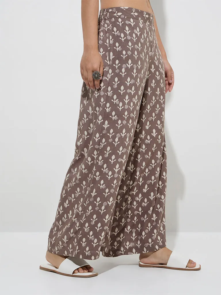 Utsa Taupe Botanical Pattern Palazzos