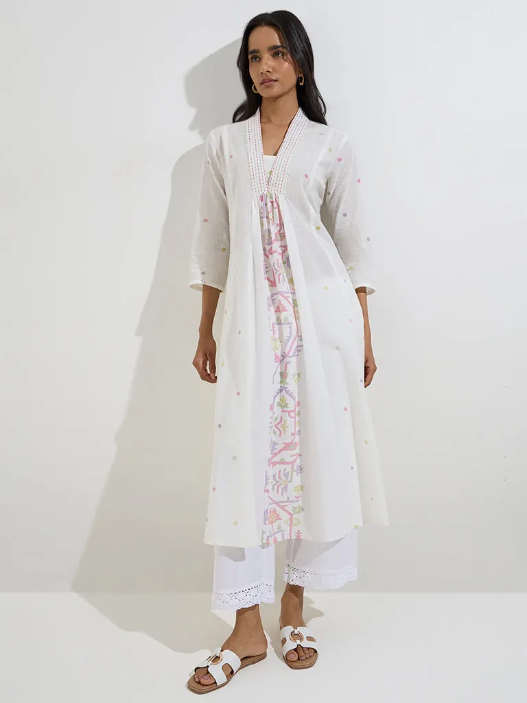Utsa White Badla Printed Cotton A-Line Kurta