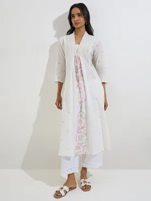 Utsa White Badla Printed Cotton A-Line Kurta
