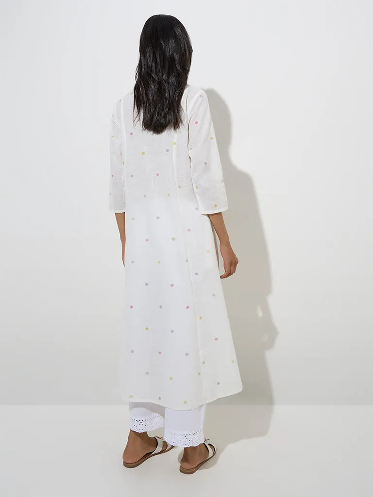 Utsa White Badla Printed Cotton A-Line Kurta