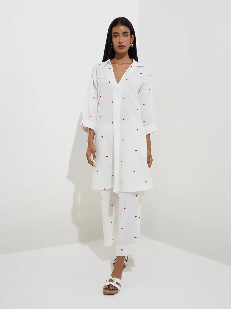 Utsa White Heart Design High-Low Cotton-Blend Kurta