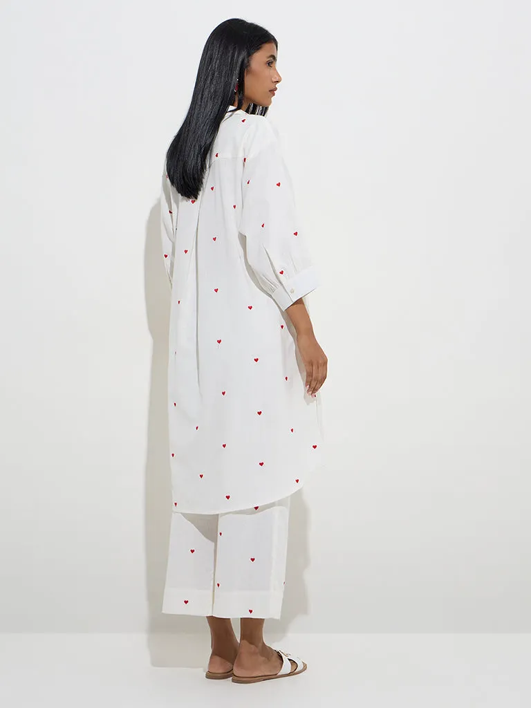 Utsa White Heart Design High-Low Cotton-Blend Kurta