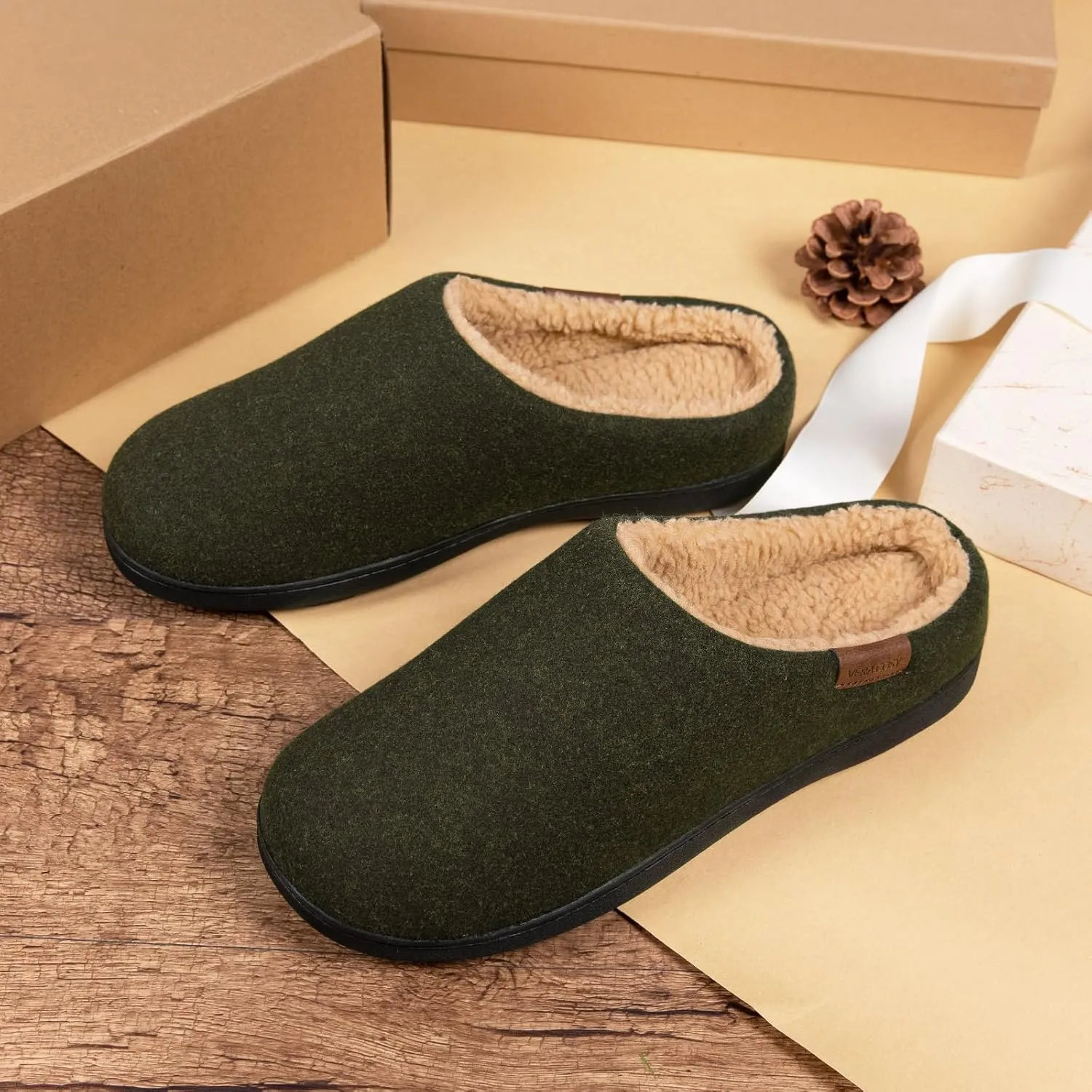 VeraCosy Men's Wool Felt Slippers with Comfy Fuzzy Faux Sherpa Slip-on Memory Foam for Indoor House