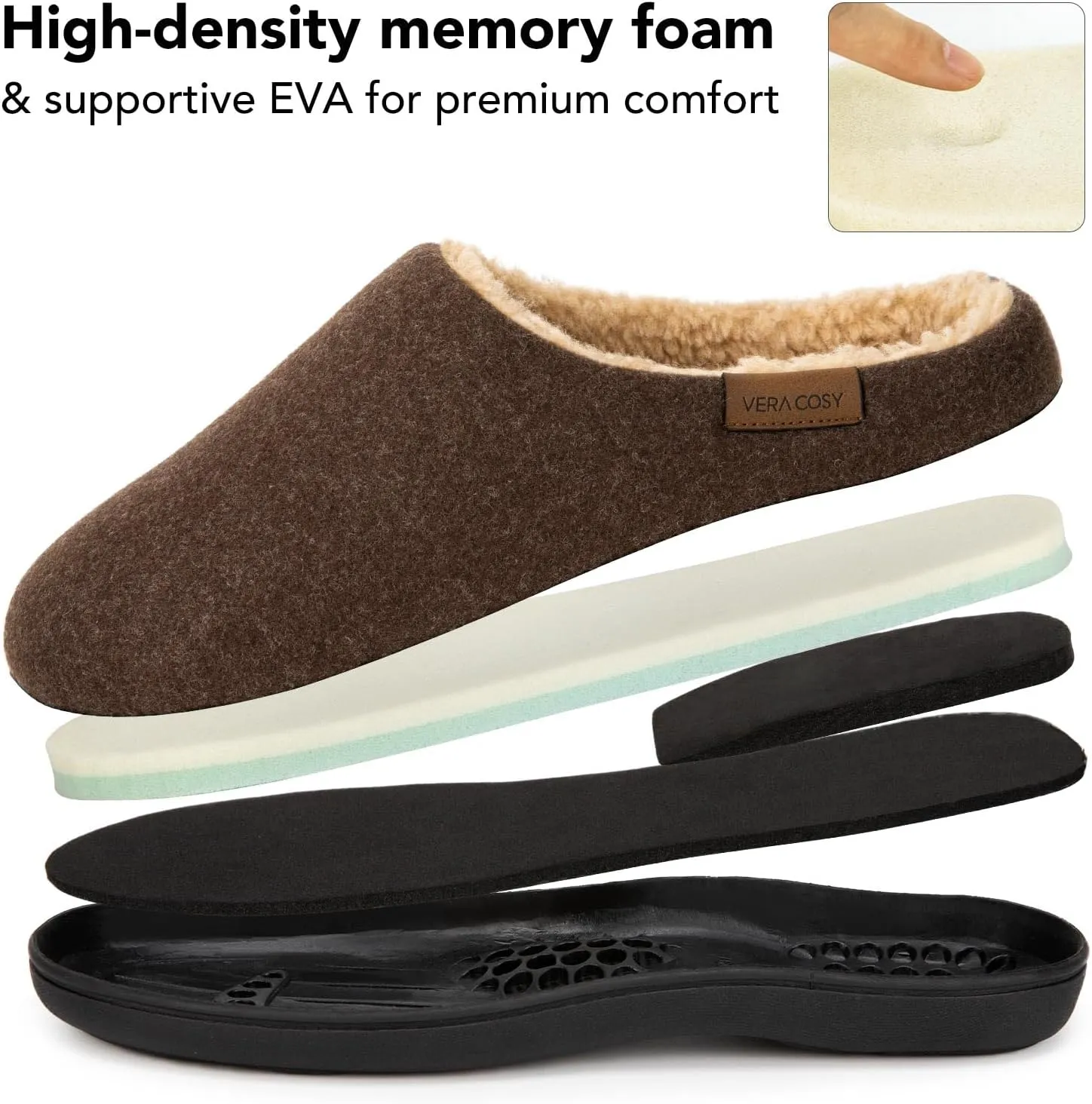 VeraCosy Men's Wool Felt Slippers with Comfy Fuzzy Faux Sherpa Slip-on Memory Foam for Indoor House