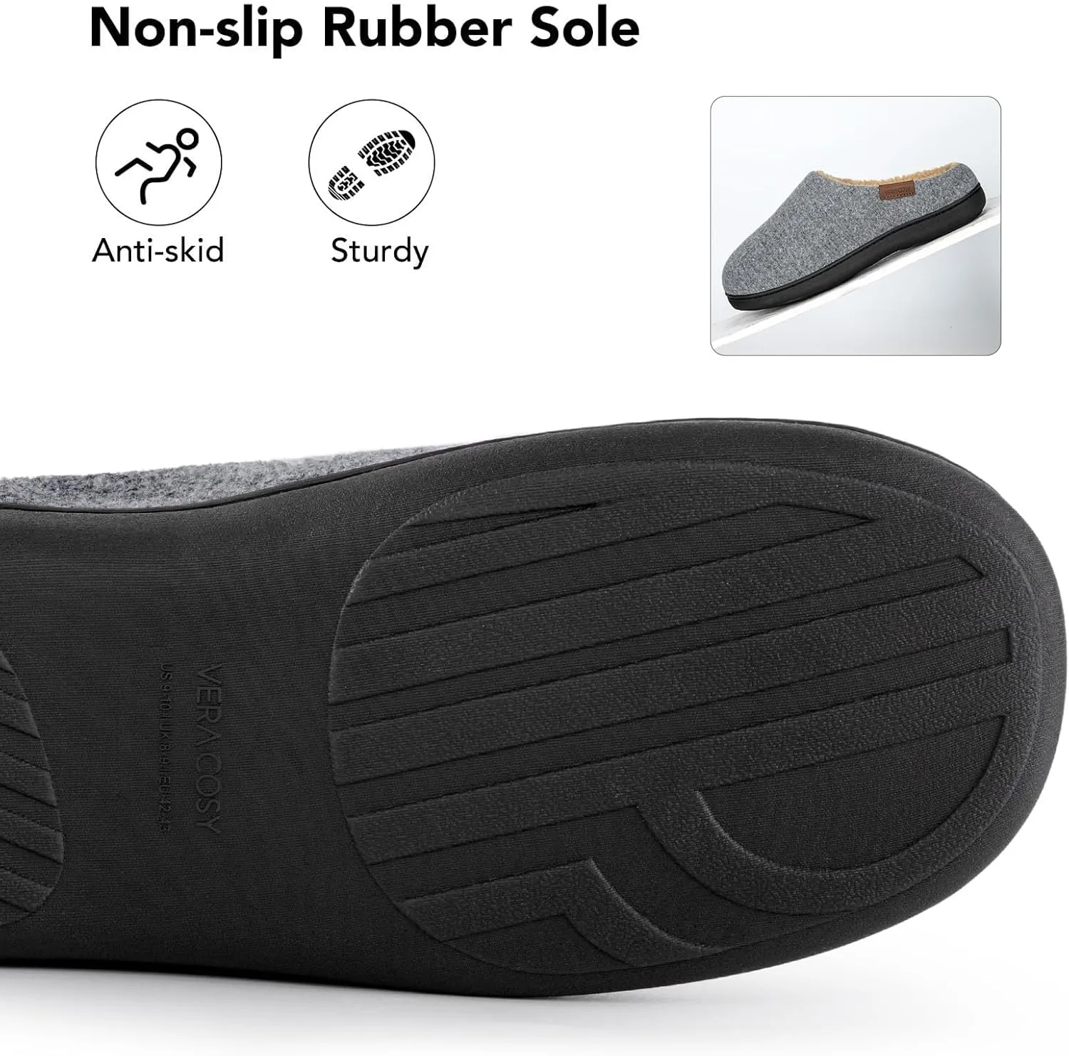 VeraCosy Men's Wool Felt Slippers with Comfy Fuzzy Faux Sherpa Slip-on Memory Foam for Indoor House