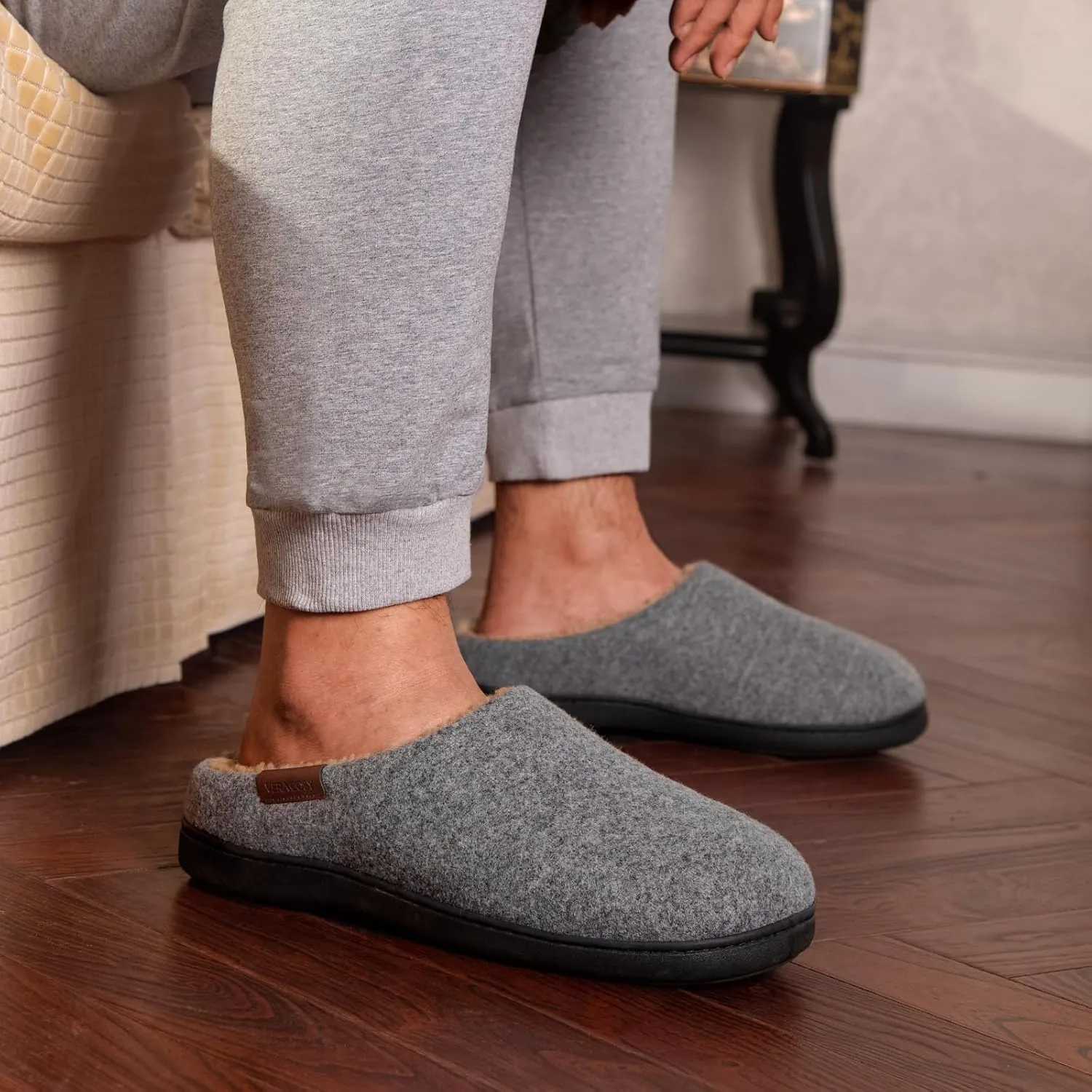VeraCosy Men's Wool Felt Slippers with Comfy Fuzzy Faux Sherpa Slip-on Memory Foam for Indoor House