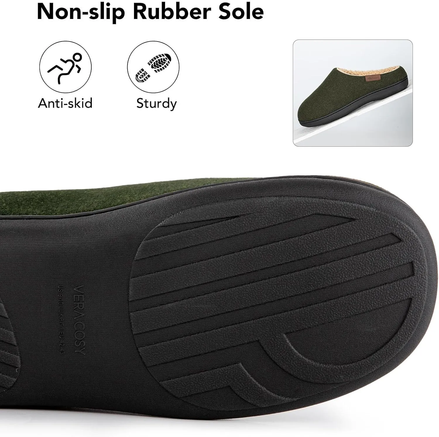 VeraCosy Men's Wool Felt Slippers with Comfy Fuzzy Faux Sherpa Slip-on Memory Foam for Indoor House
