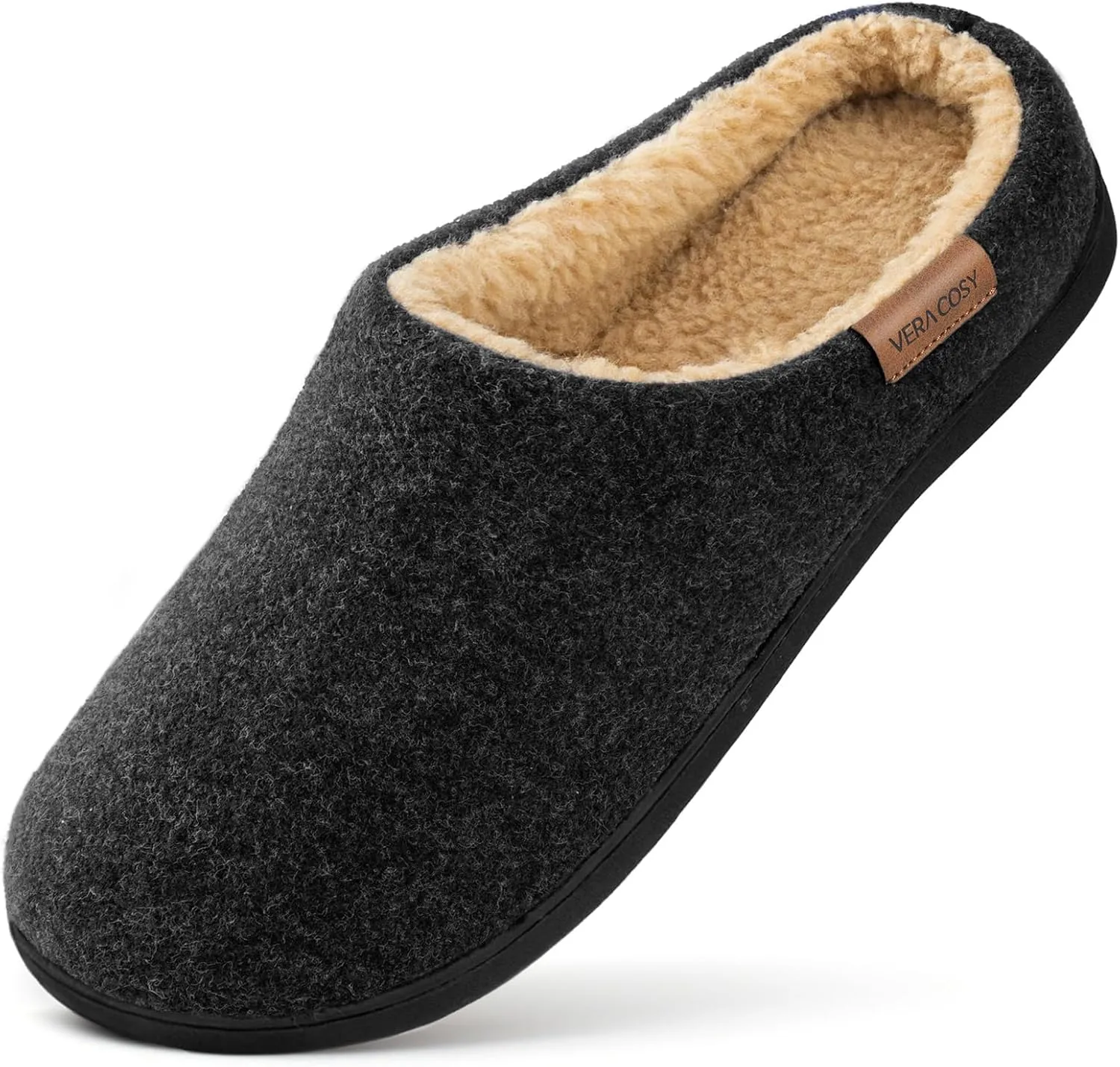 VeraCosy Men's Wool Felt Slippers with Comfy Fuzzy Faux Sherpa Slip-on Memory Foam for Indoor House