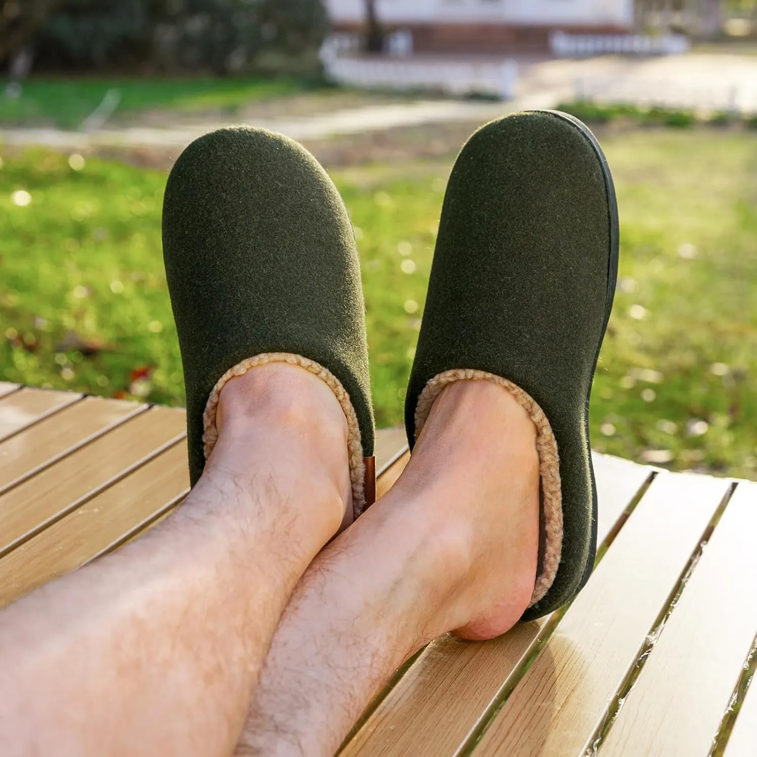 VeraCosy Men's Wool Felt Slippers with Comfy Fuzzy Faux Sherpa Slip-on Memory Foam for Indoor House