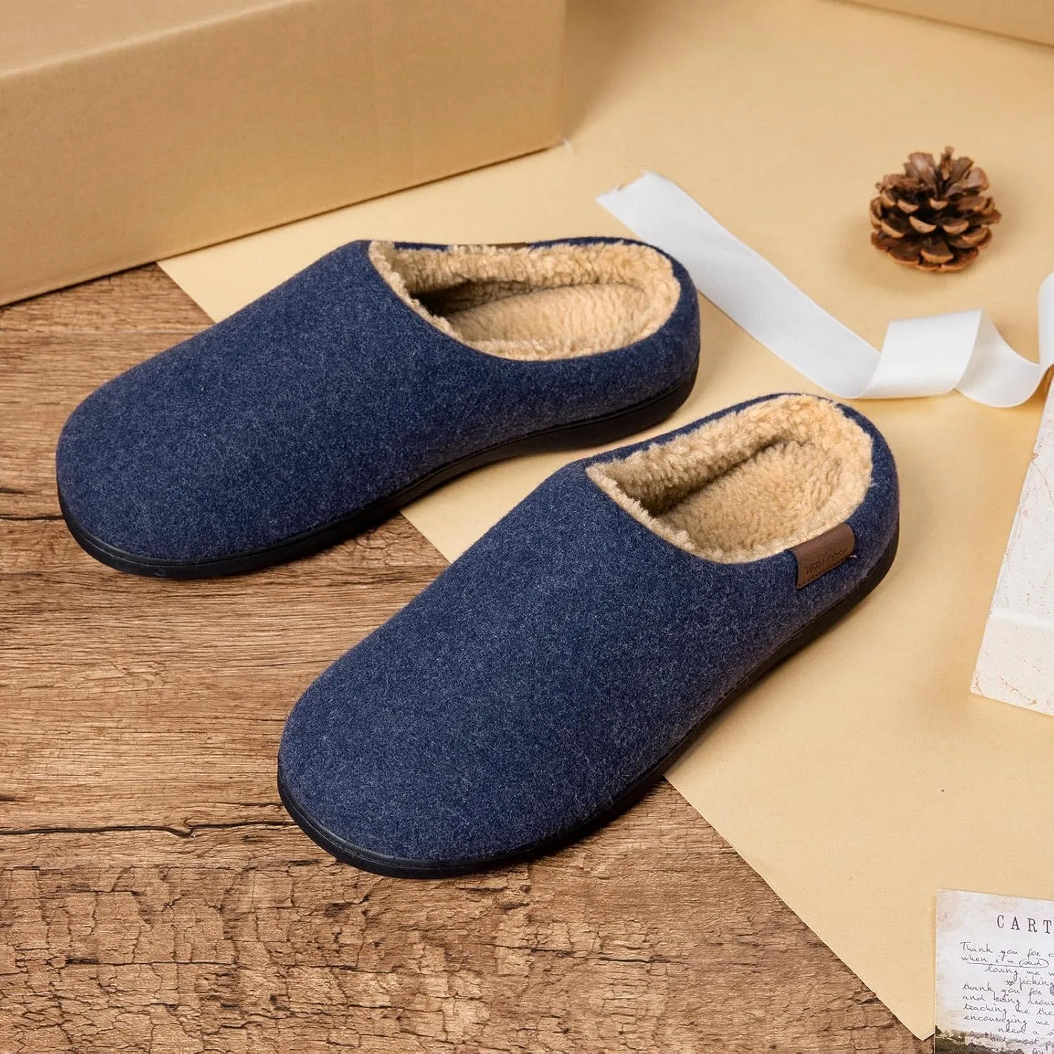 VeraCosy Men's Wool Felt Slippers with Comfy Fuzzy Faux Sherpa Slip-on Memory Foam for Indoor House
