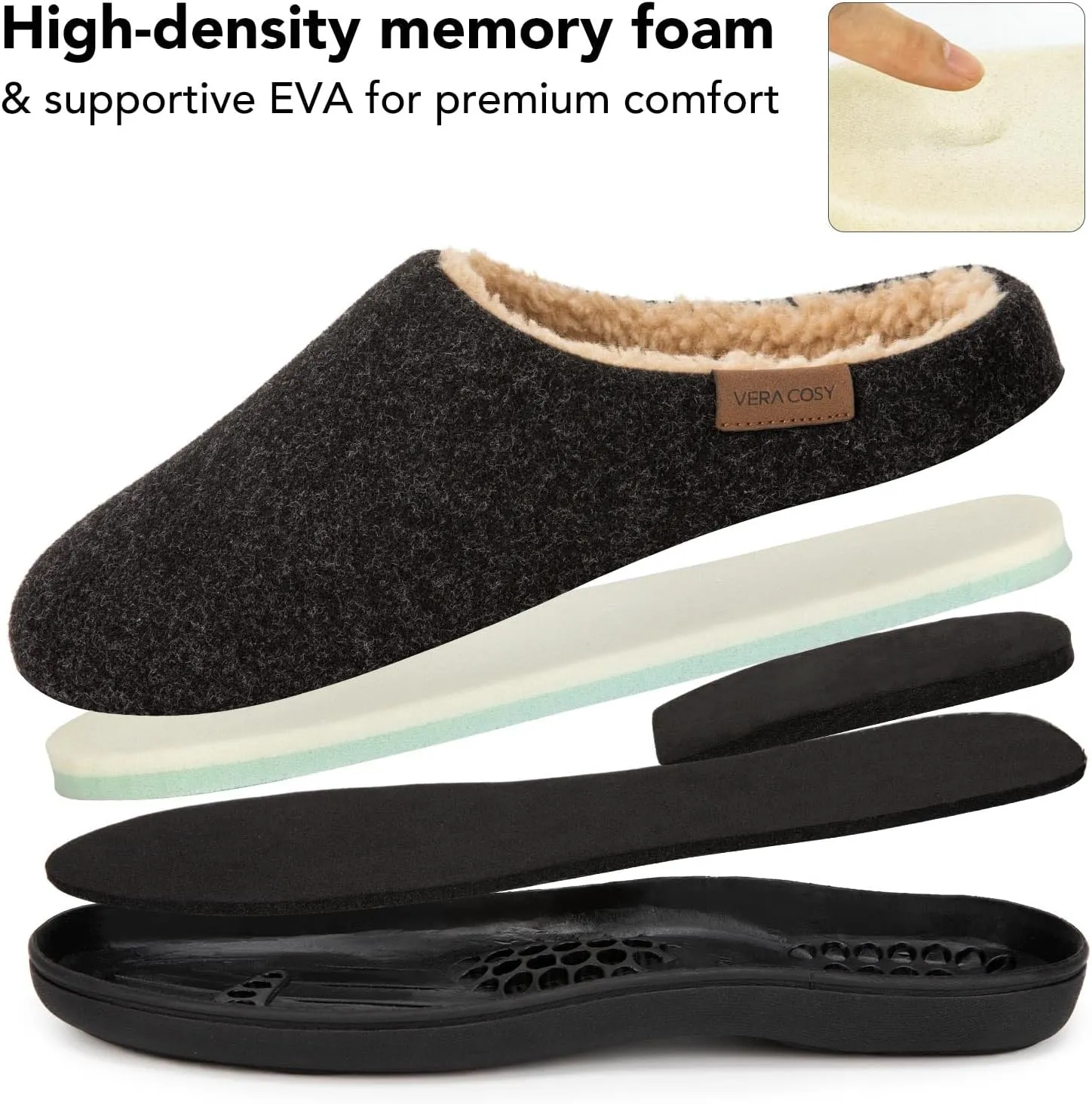 VeraCosy Men's Wool Felt Slippers with Comfy Fuzzy Faux Sherpa Slip-on Memory Foam for Indoor House