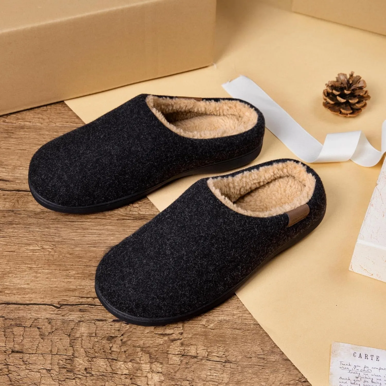 VeraCosy Men's Wool Felt Slippers with Comfy Fuzzy Faux Sherpa Slip-on Memory Foam for Indoor House