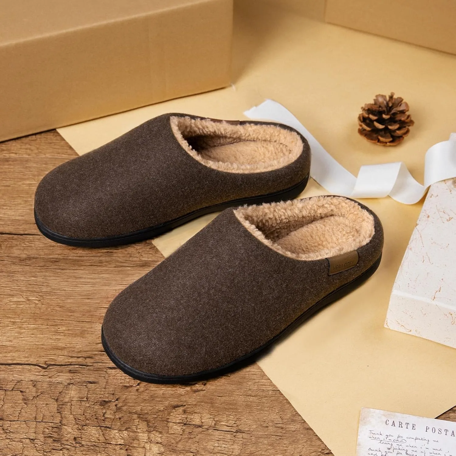 VeraCosy Men's Wool Felt Slippers with Comfy Fuzzy Faux Sherpa Slip-on Memory Foam for Indoor House