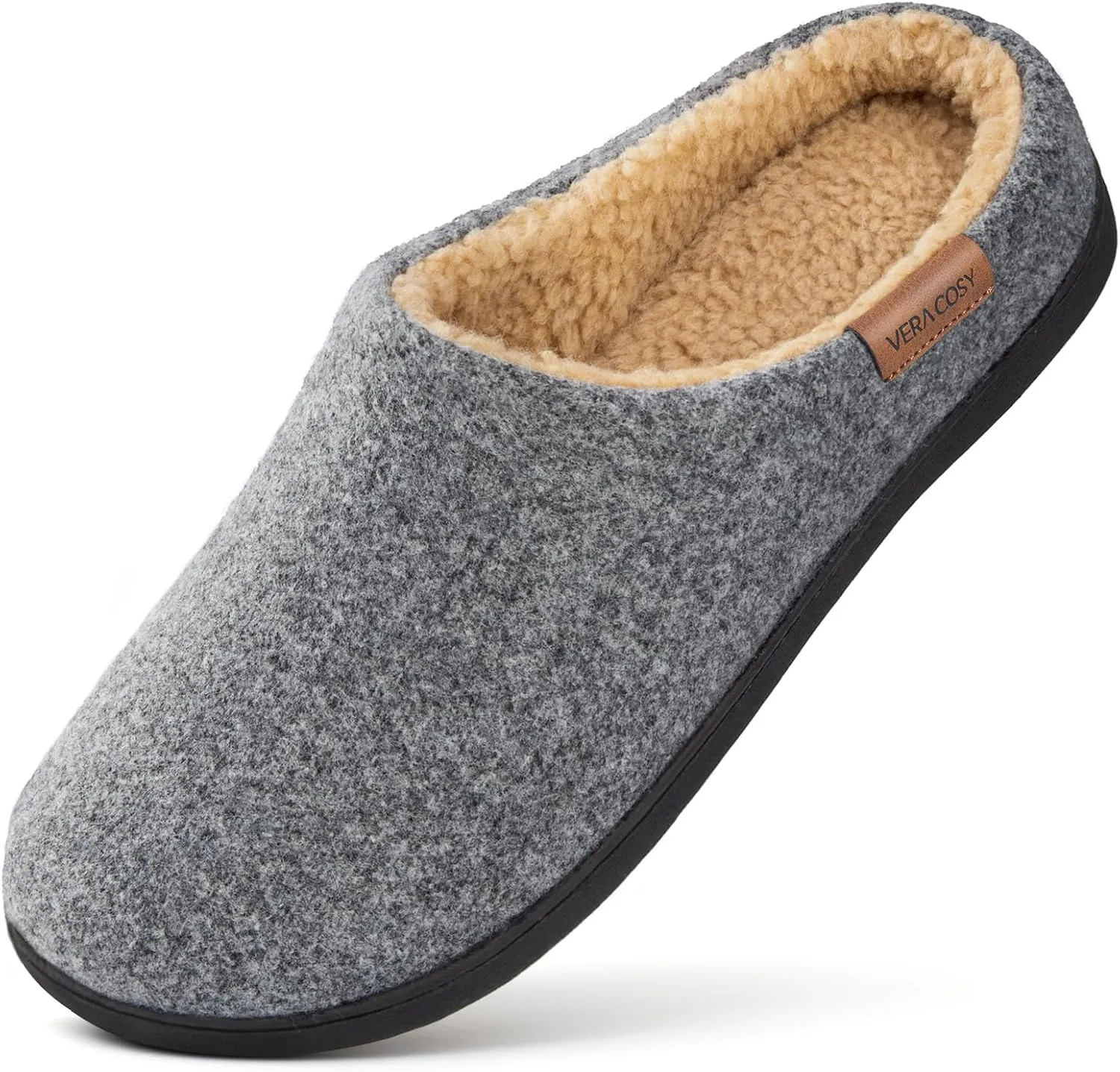 VeraCosy Men's Wool Felt Slippers with Comfy Fuzzy Faux Sherpa Slip-on Memory Foam for Indoor House