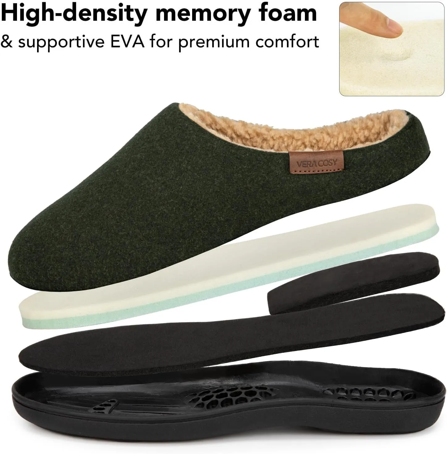 VeraCosy Men's Wool Felt Slippers with Comfy Fuzzy Faux Sherpa Slip-on Memory Foam for Indoor House