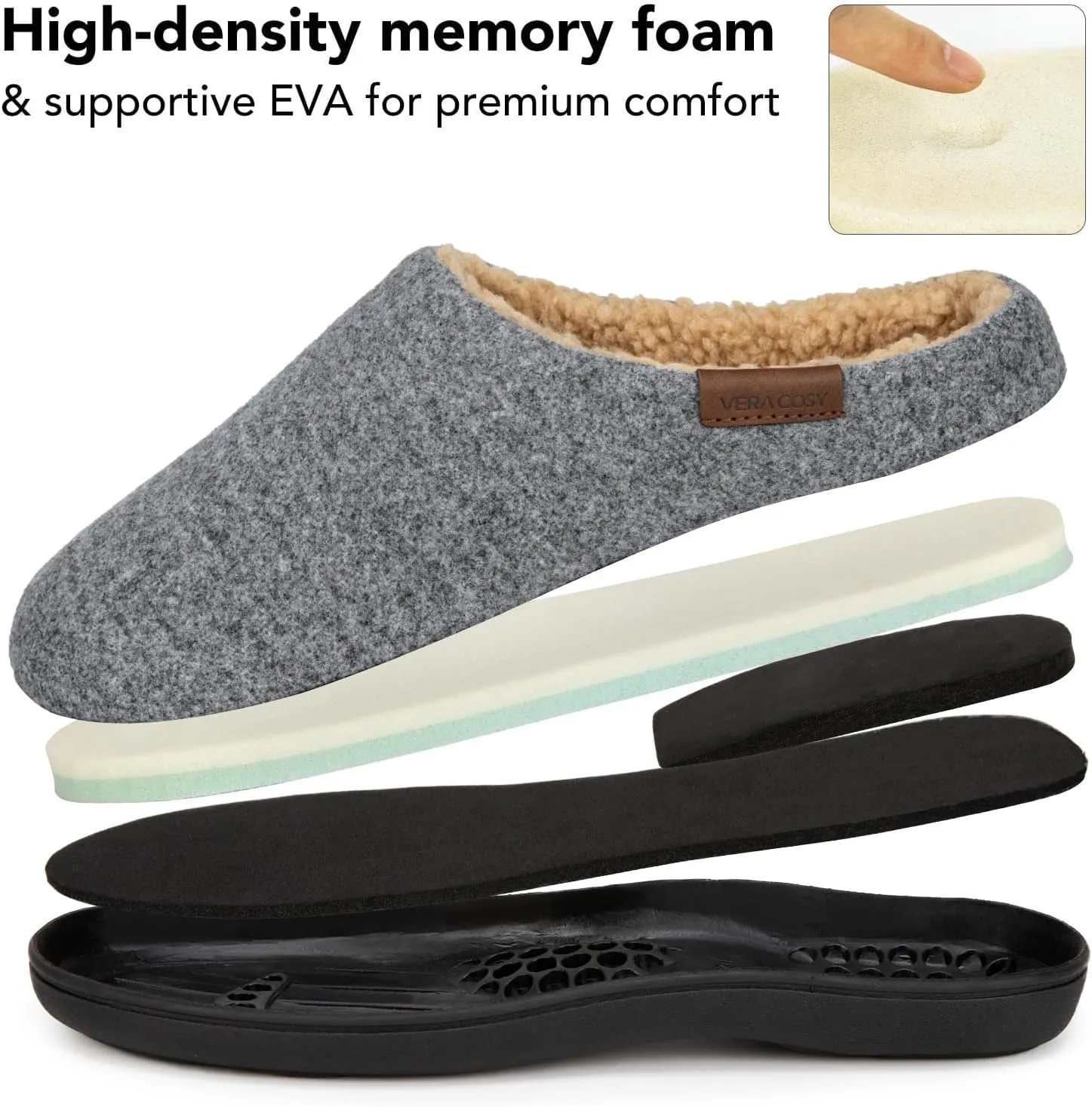 VeraCosy Men's Wool Felt Slippers with Comfy Fuzzy Faux Sherpa Slip-on Memory Foam for Indoor House