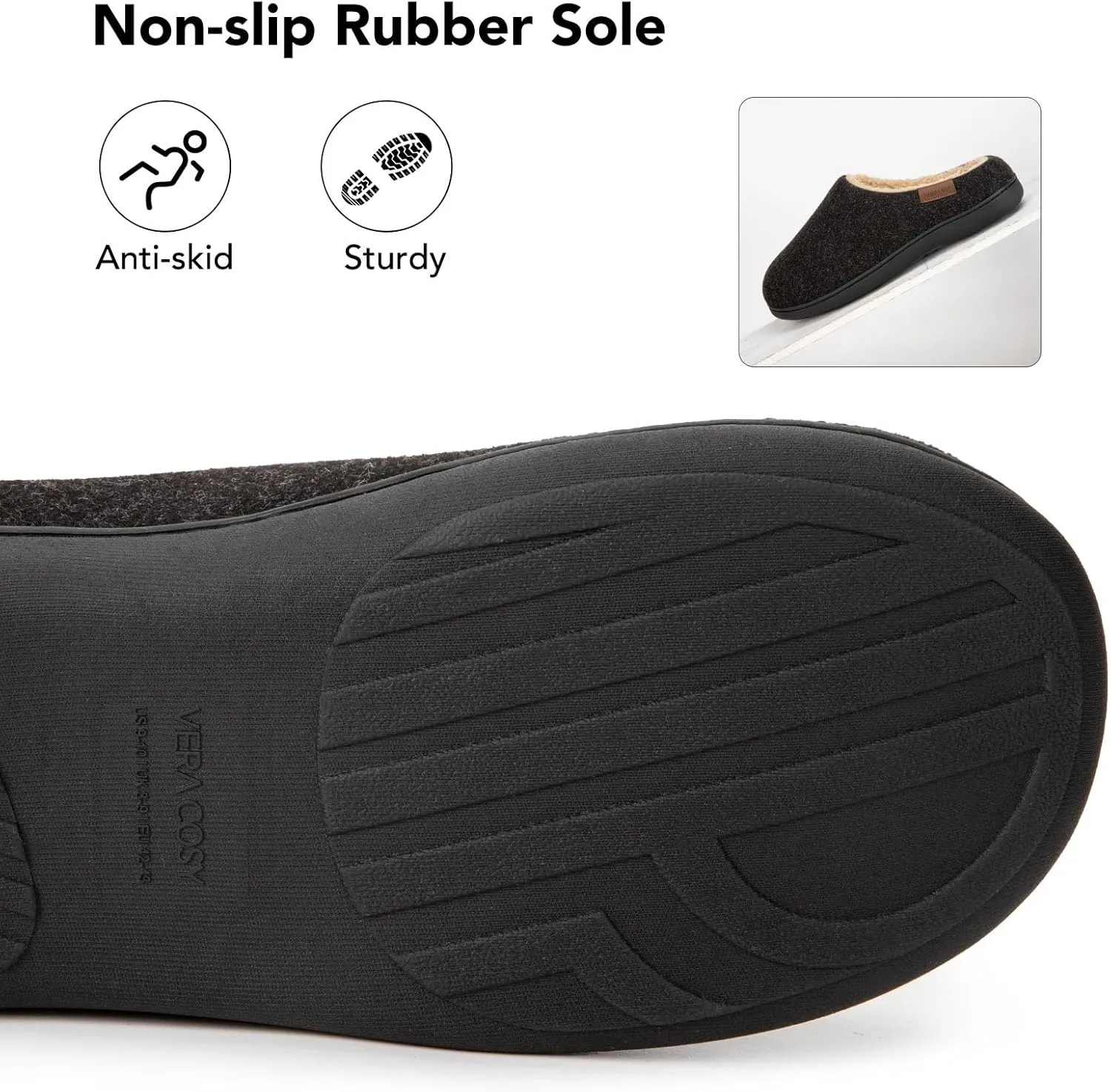 VeraCosy Men's Wool Felt Slippers with Comfy Fuzzy Faux Sherpa Slip-on Memory Foam for Indoor House
