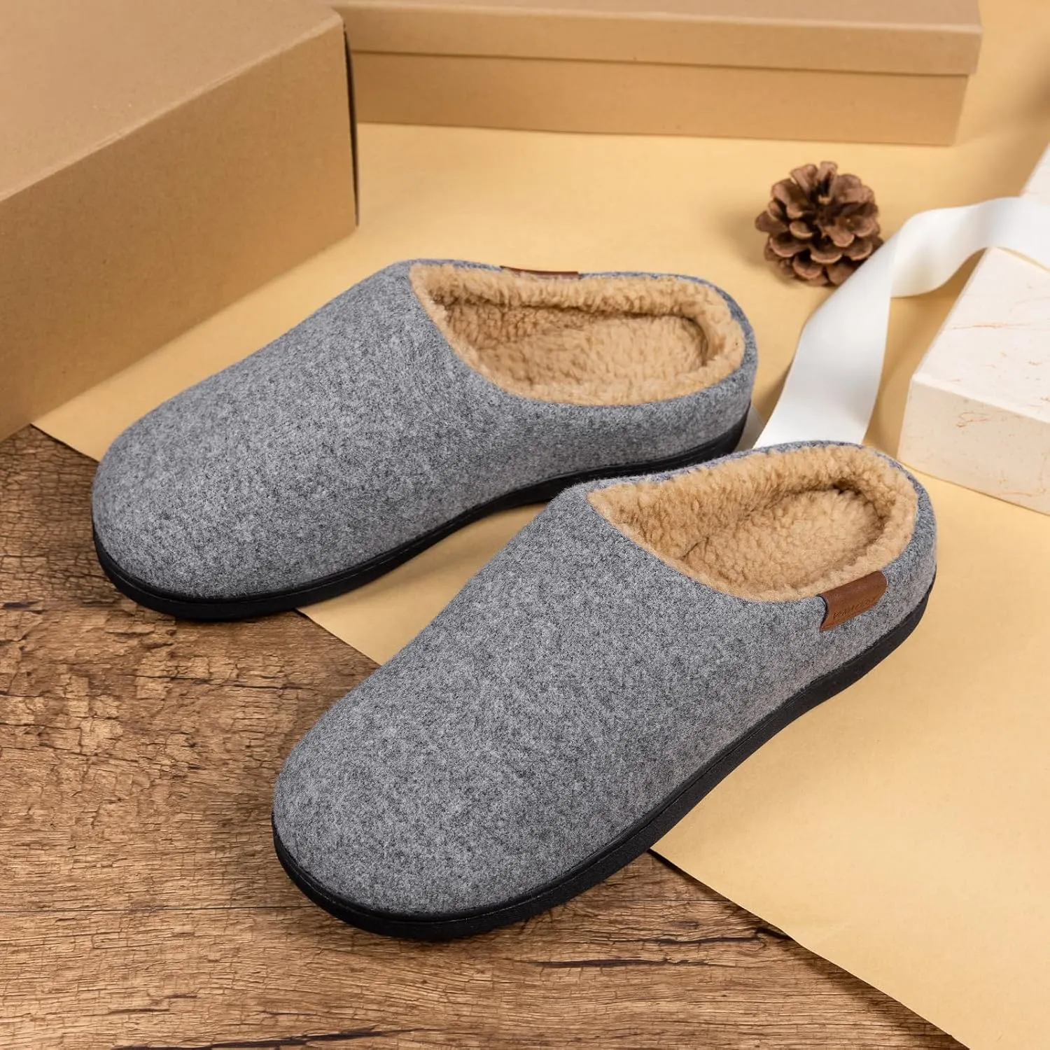 VeraCosy Men's Wool Felt Slippers with Comfy Fuzzy Faux Sherpa Slip-on Memory Foam for Indoor House