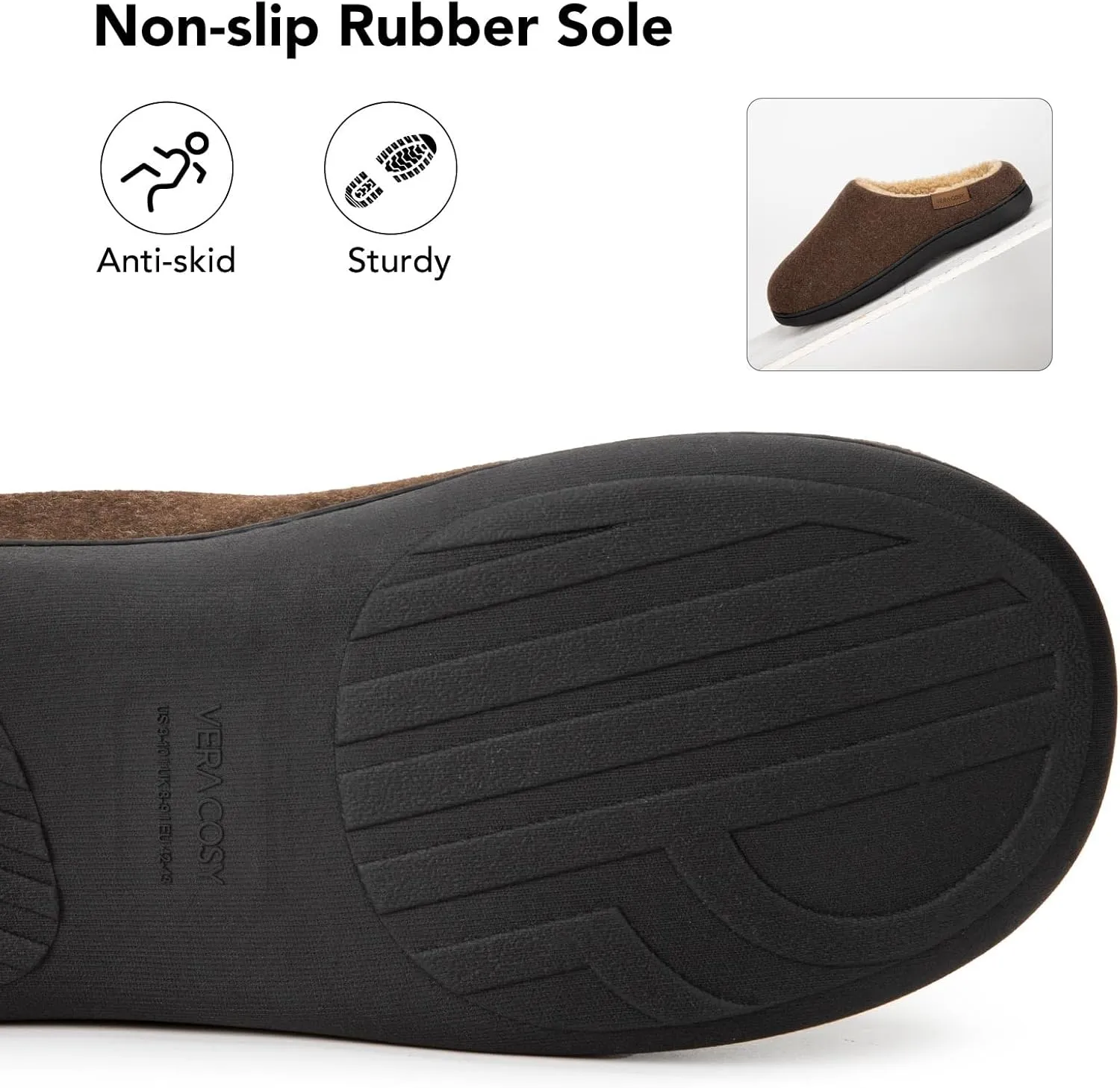 VeraCosy Men's Wool Felt Slippers with Comfy Fuzzy Faux Sherpa Slip-on Memory Foam for Indoor House