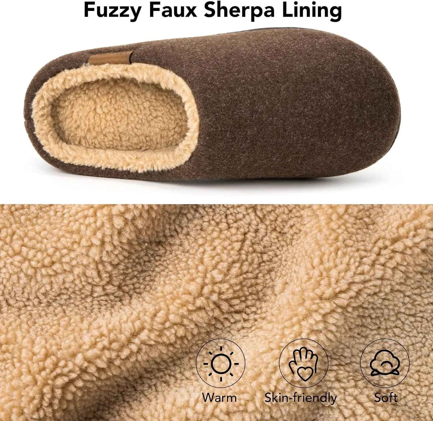 VeraCosy Men's Wool Felt Slippers with Comfy Fuzzy Faux Sherpa Slip-on Memory Foam for Indoor House