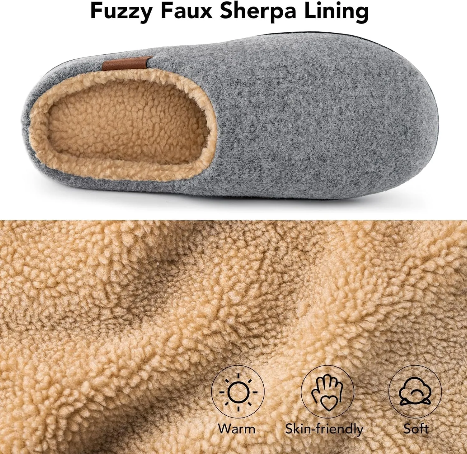 VeraCosy Men's Wool Felt Slippers with Comfy Fuzzy Faux Sherpa Slip-on Memory Foam for Indoor House