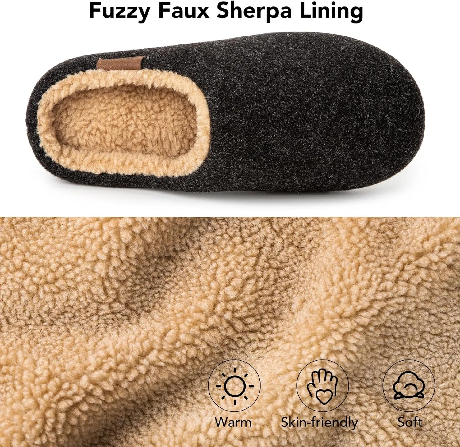 VeraCosy Men's Wool Felt Slippers with Comfy Fuzzy Faux Sherpa Slip-on Memory Foam for Indoor House