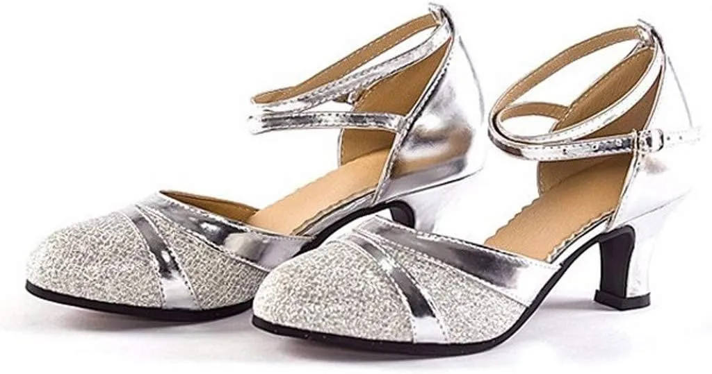 Vintage Dress Pumps Sandals Shoes for Women Round Toe Mid Heels Ankle Strap Ballet Ballroom Latin Salsa Dance Shoes