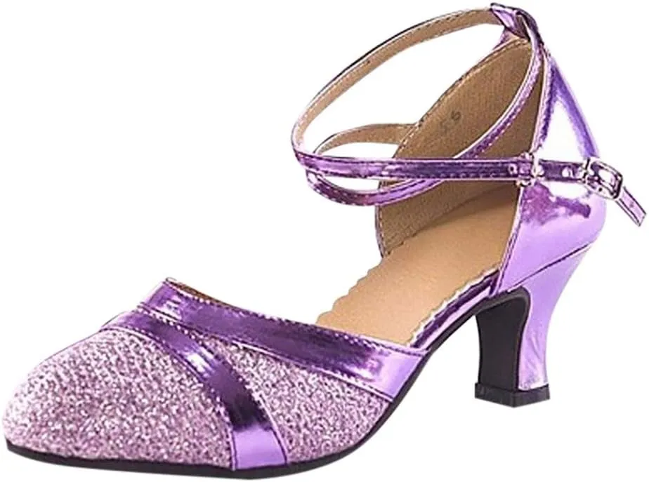 Vintage Dress Pumps Sandals Shoes for Women Round Toe Mid Heels Ankle Strap Ballet Ballroom Latin Salsa Dance Shoes