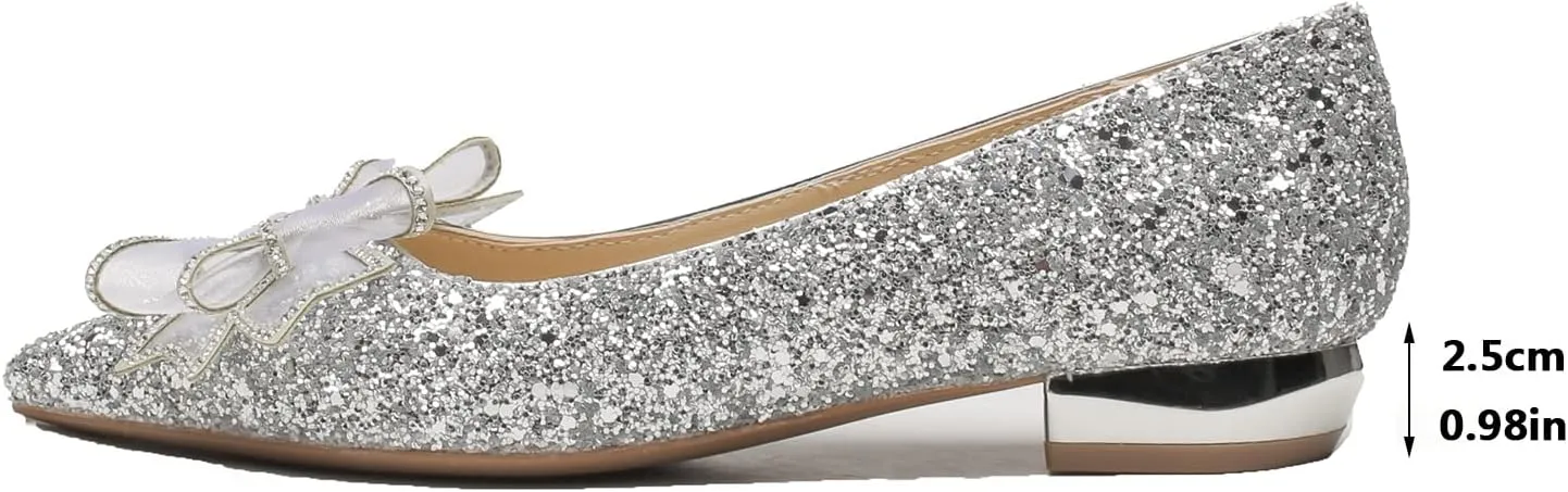 Women Sequins Flat Wedding Shoes Pointed Toe Low Heel Slip on Prom Evening Bridal Party Dress Flats with Rhinestone Bow