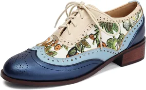 Women's Elegant Almond Toe Oxford Shoes with Floral Print Detailing Block Heel Lace-Up Casual Party Evening Dress Shoes for Women Ladies Girls