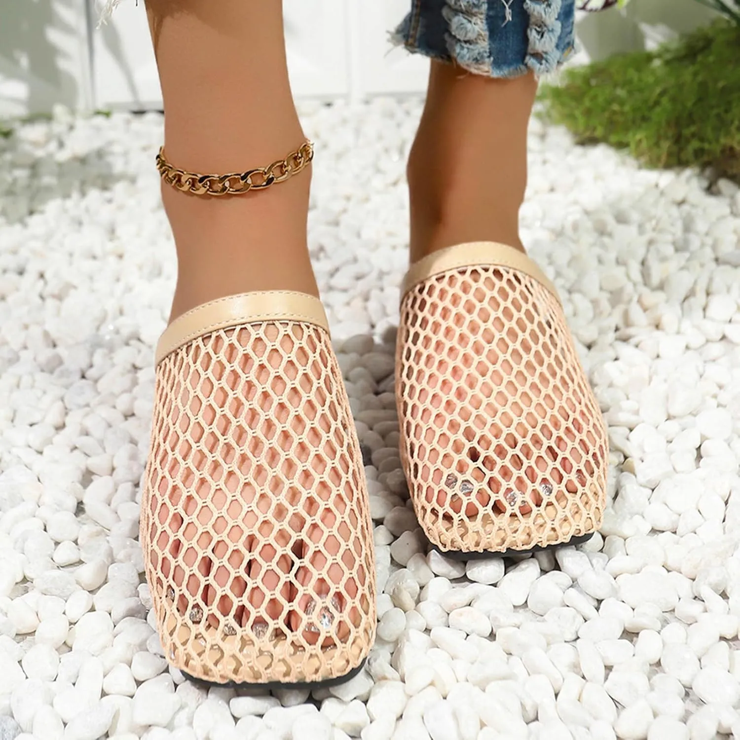 Women's Fashion Mesh Slip-on Mules Shoes Fashion Square Toe Casual Flats Sandals Stylish Breathable Summer Slippers