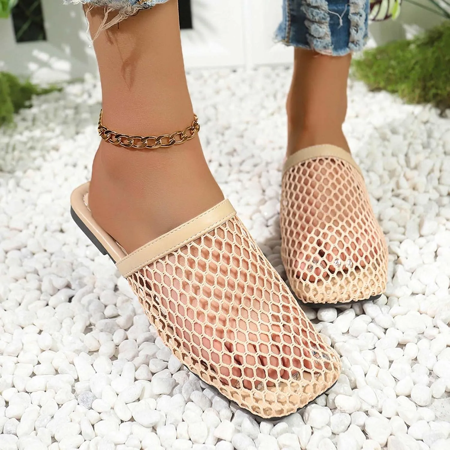 Women's Fashion Mesh Slip-on Mules Shoes Fashion Square Toe Casual Flats Sandals Stylish Breathable Summer Slippers