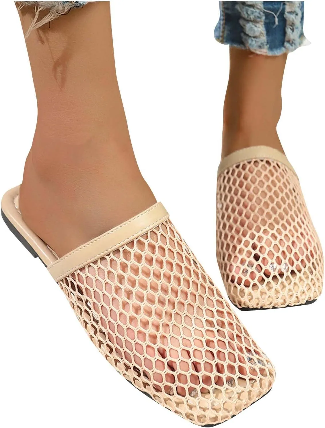 Women's Fashion Mesh Slip-on Mules Shoes Fashion Square Toe Casual Flats Sandals Stylish Breathable Summer Slippers