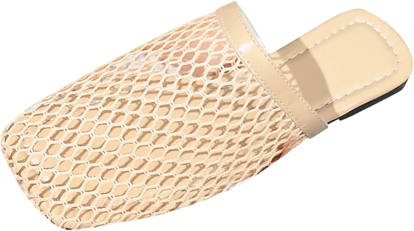 Women's Fashion Mesh Slip-on Mules Shoes Fashion Square Toe Casual Flats Sandals Stylish Breathable Summer Slippers