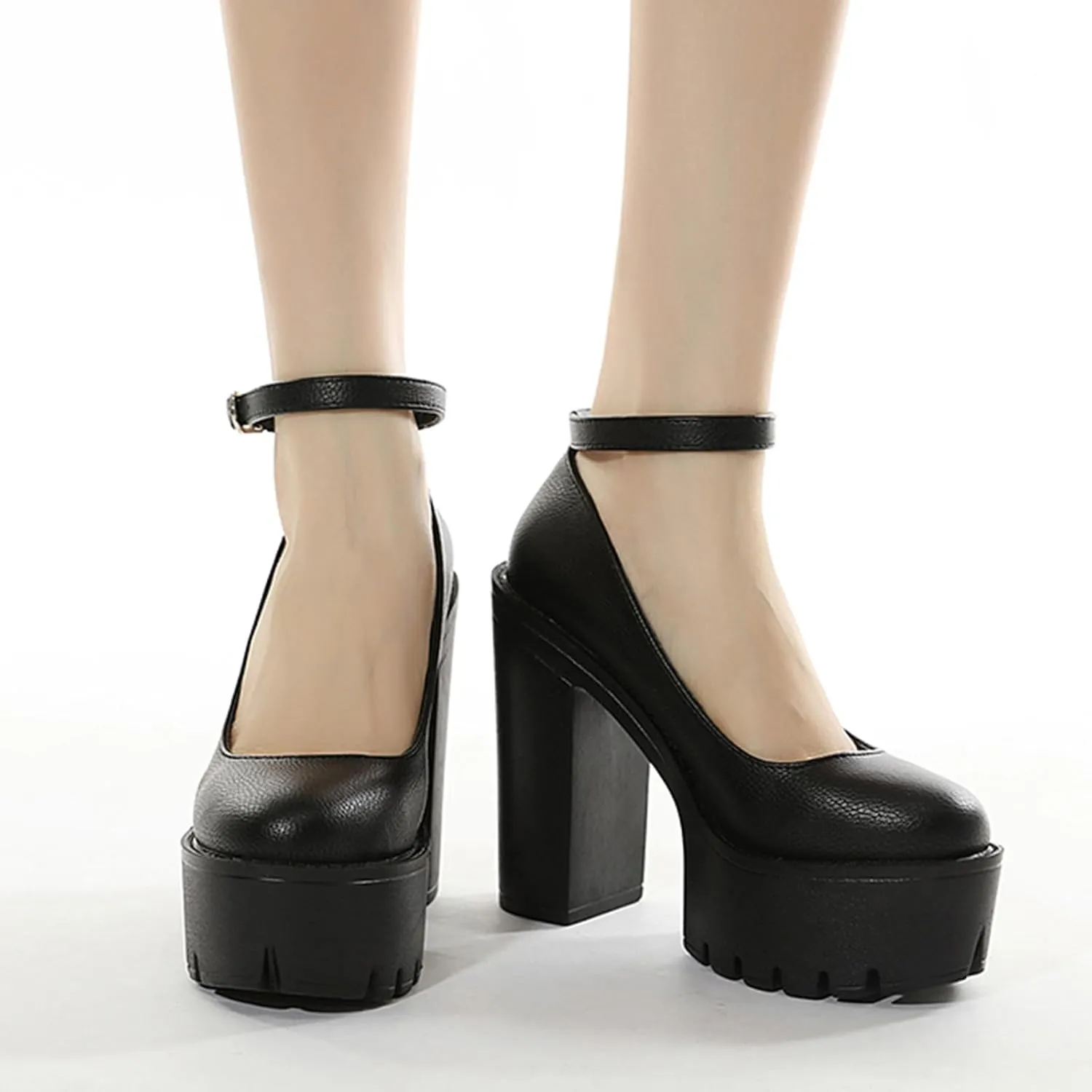 Women's Faux Leather Fashion Round Toe Chunky High Heel Pumps Sexy Ankle Strap Lug Sole Prom Daily Classic Office Lady Work Shoes