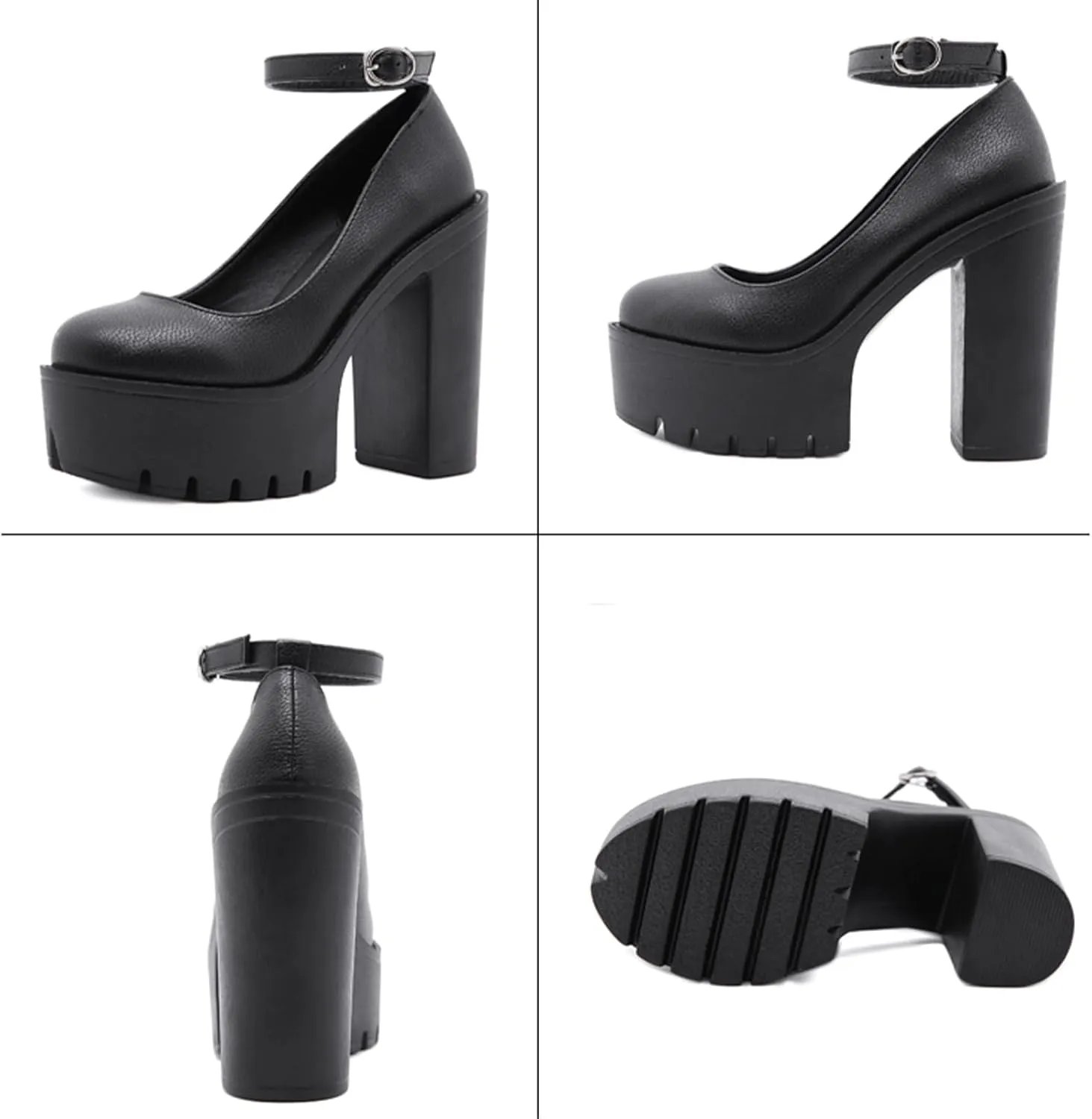 Women's Faux Leather Fashion Round Toe Chunky High Heel Pumps Sexy Ankle Strap Lug Sole Prom Daily Classic Office Lady Work Shoes