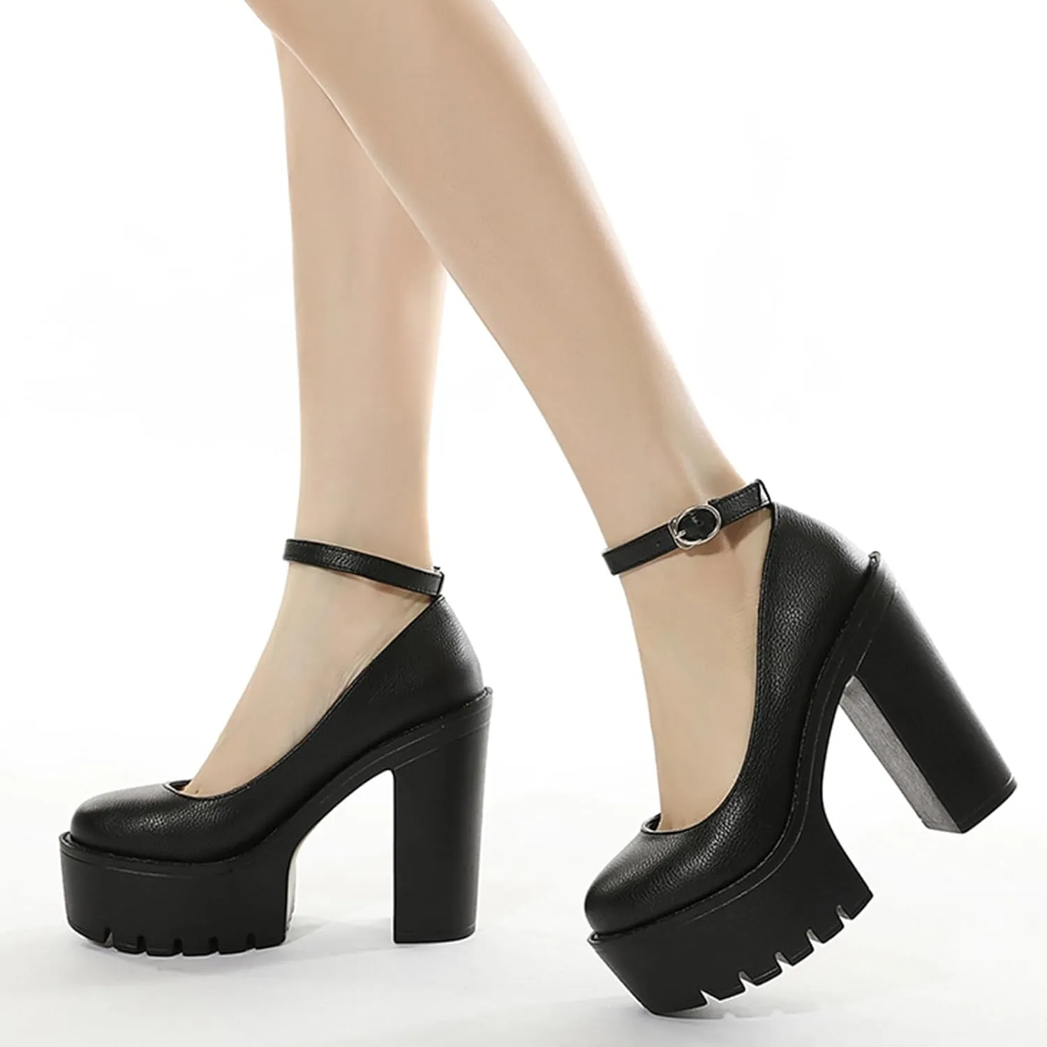 Women's Faux Leather Fashion Round Toe Chunky High Heel Pumps Sexy Ankle Strap Lug Sole Prom Daily Classic Office Lady Work Shoes