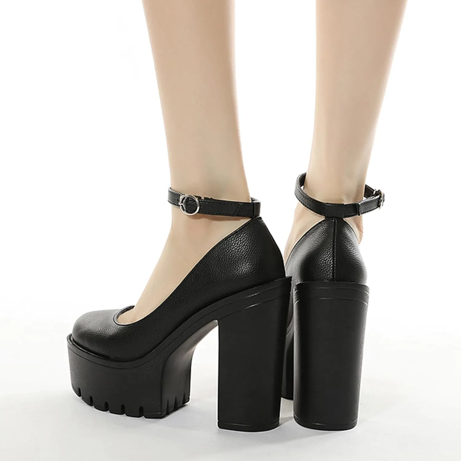 Women's Faux Leather Fashion Round Toe Chunky High Heel Pumps Sexy Ankle Strap Lug Sole Prom Daily Classic Office Lady Work Shoes
