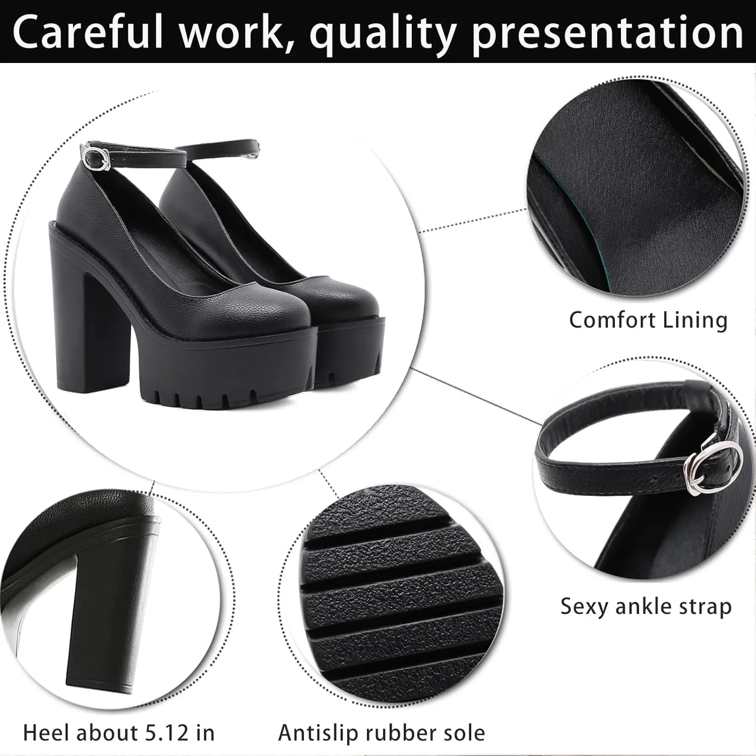 Women's Faux Leather Fashion Round Toe Chunky High Heel Pumps Sexy Ankle Strap Lug Sole Prom Daily Classic Office Lady Work Shoes